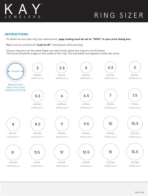 kay rings size chart